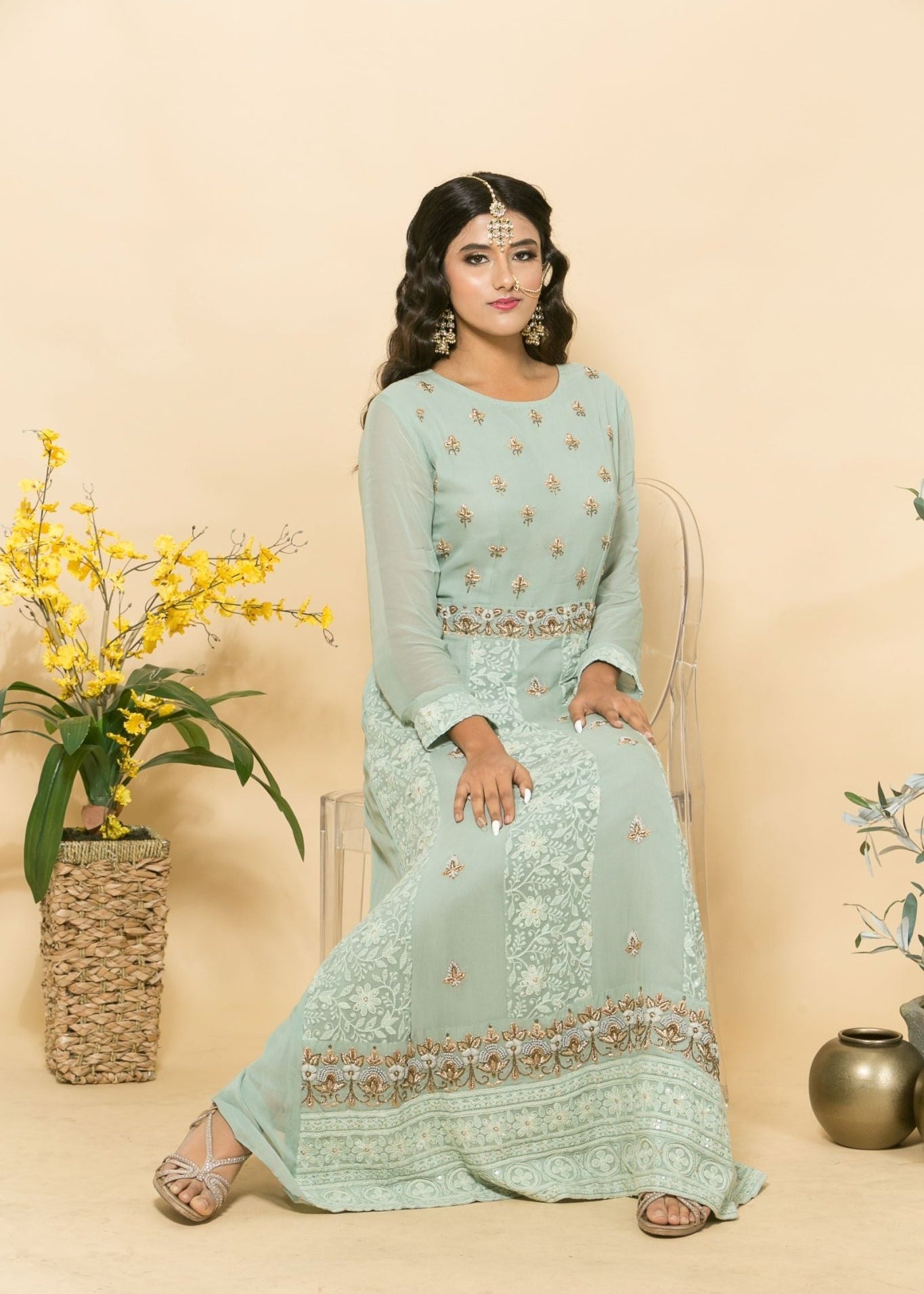 Green Two-Piece Embroidered Dress - Anvi Couture