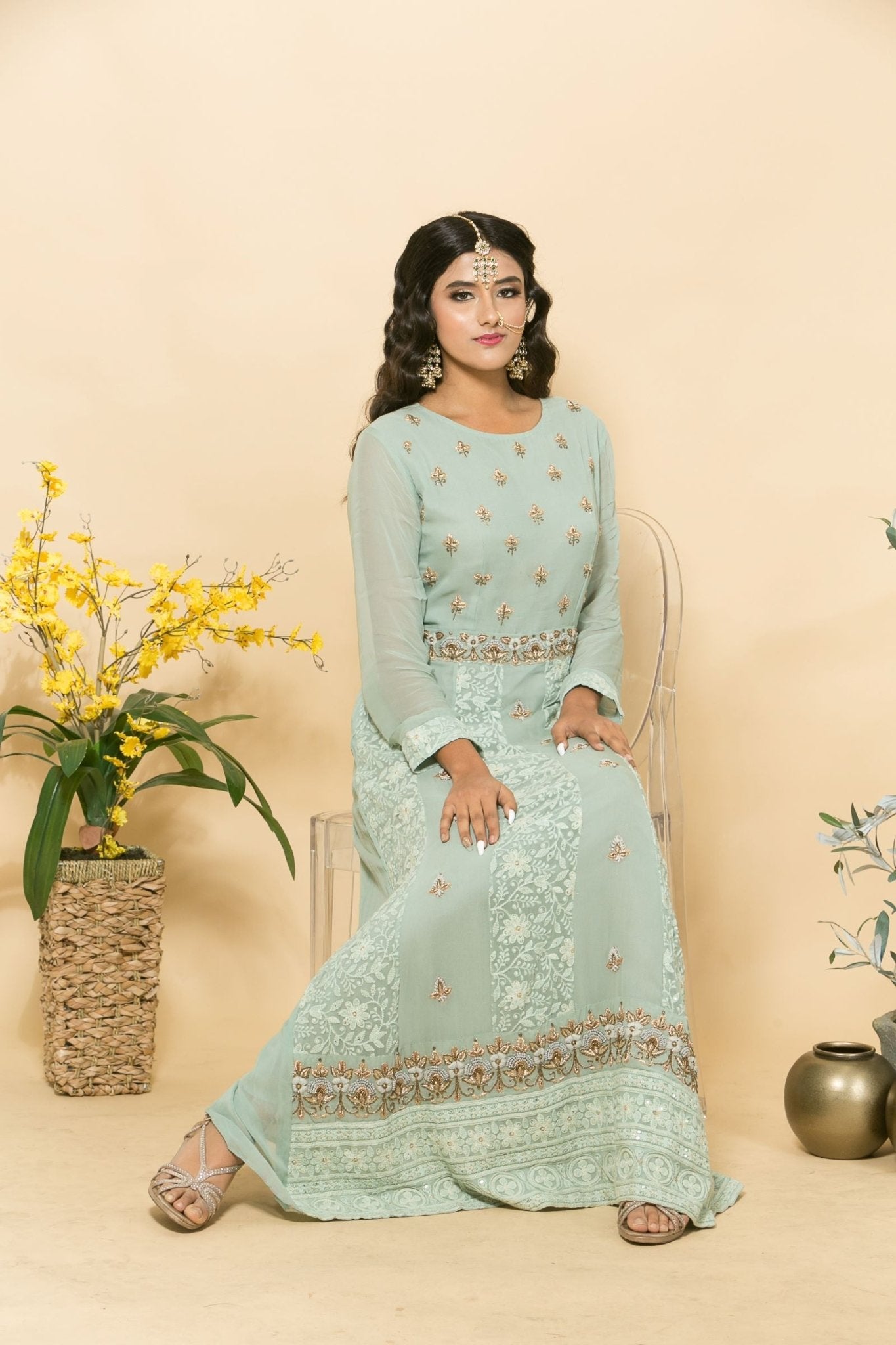 Green Two-Piece Embroidered Dress - Anvi Couture