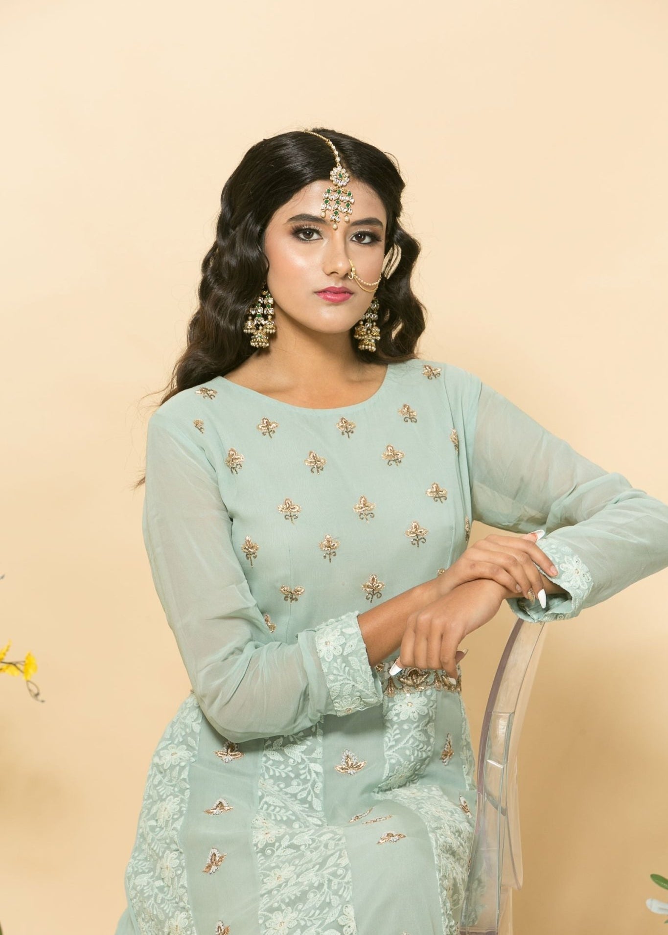 Green Two-Piece Embroidered Dress - Anvi Couture