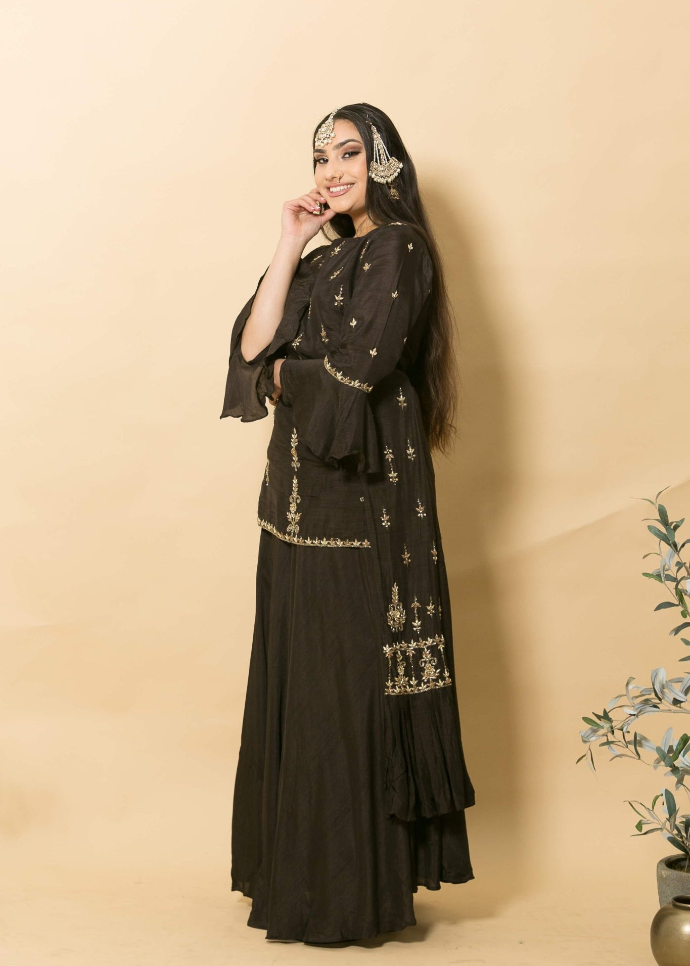 Brown Two-Piece Designer Dress With Embroidery Work - Anvi Couture