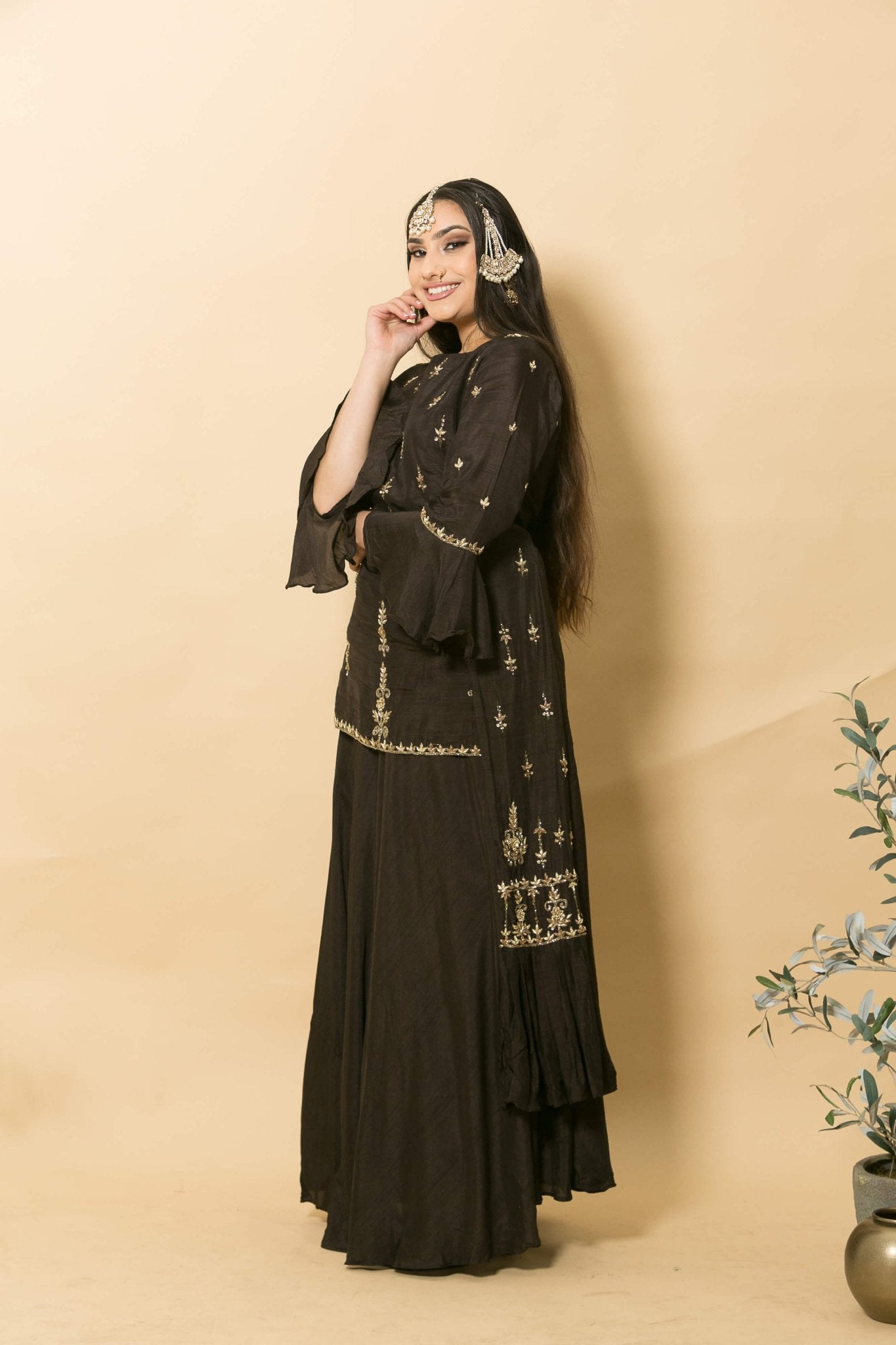 Brown Two-Piece Designer Dress With Embroidery Work - Anvi Couture