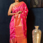 Pink Silk Saree Embellished With Golden Floral Embroidery - Anvi Couture