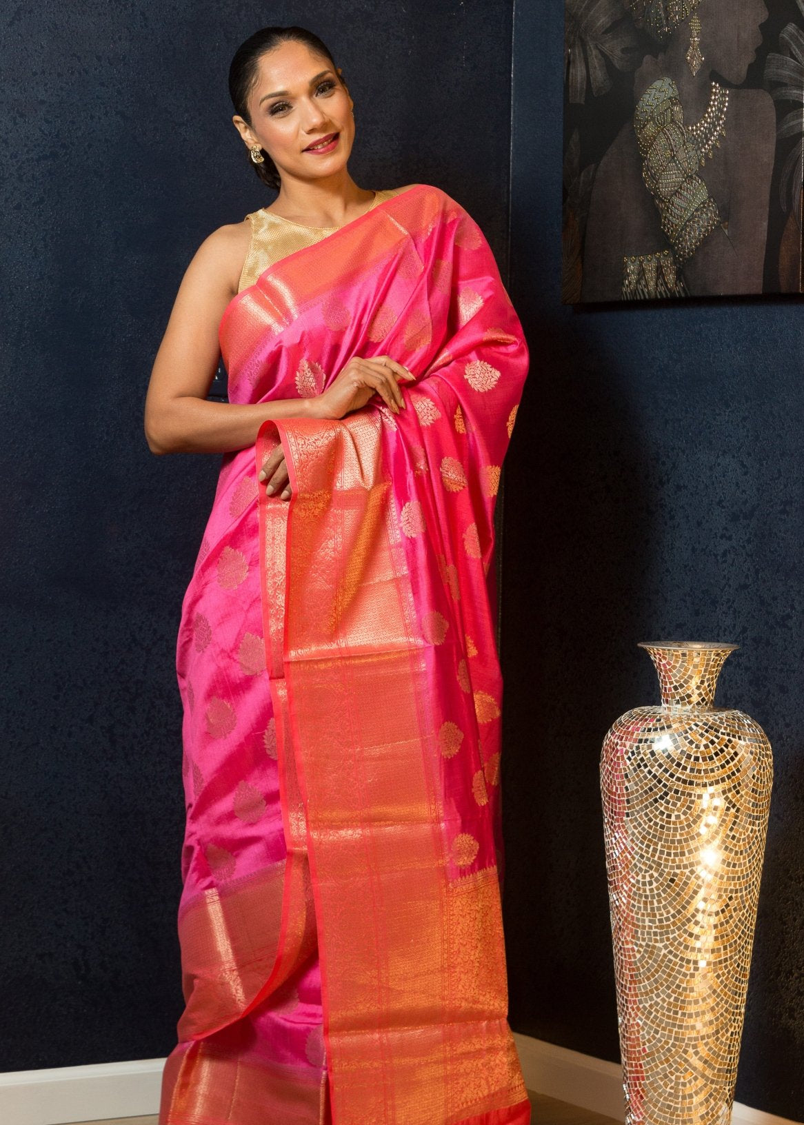 Pink Silk Saree Embellished With Golden Floral Embroidery - Anvi Couture