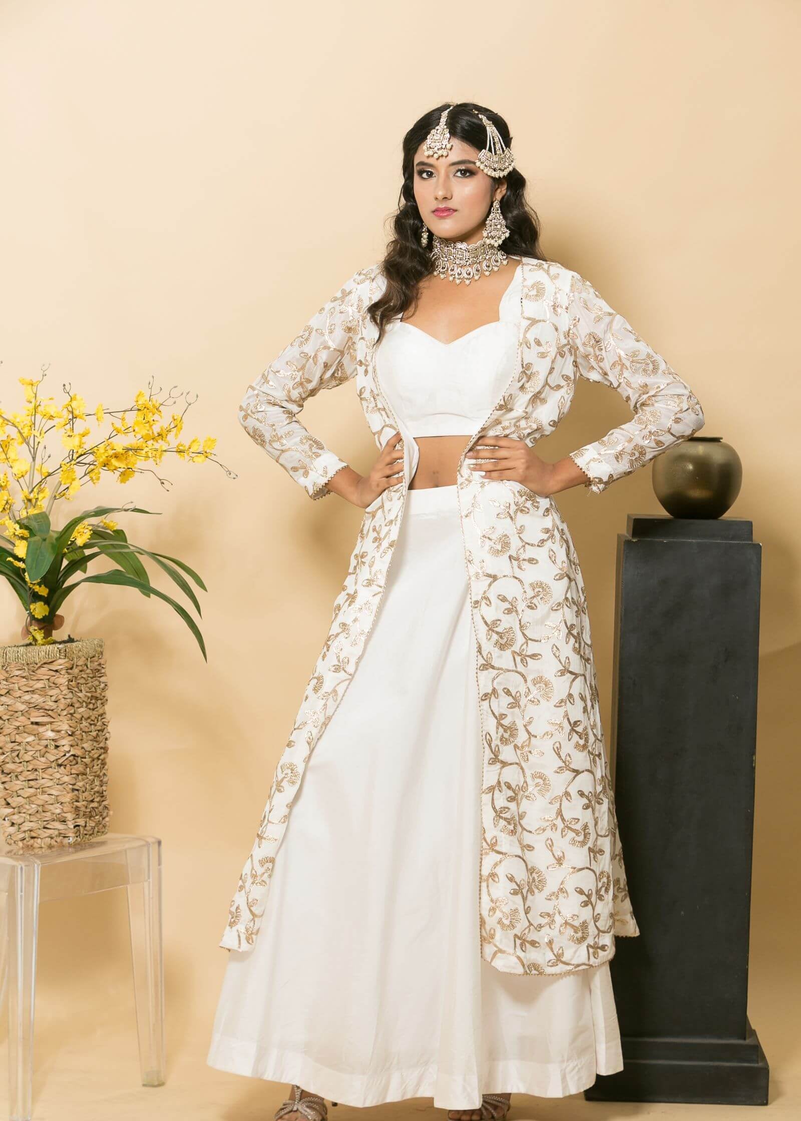 White Designer Dress with Golden Embroidered Jacket - Anvi Couture