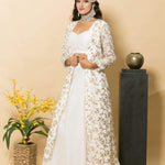 White Designer Dress with Golden Embroidered Jacket - Anvi Couture