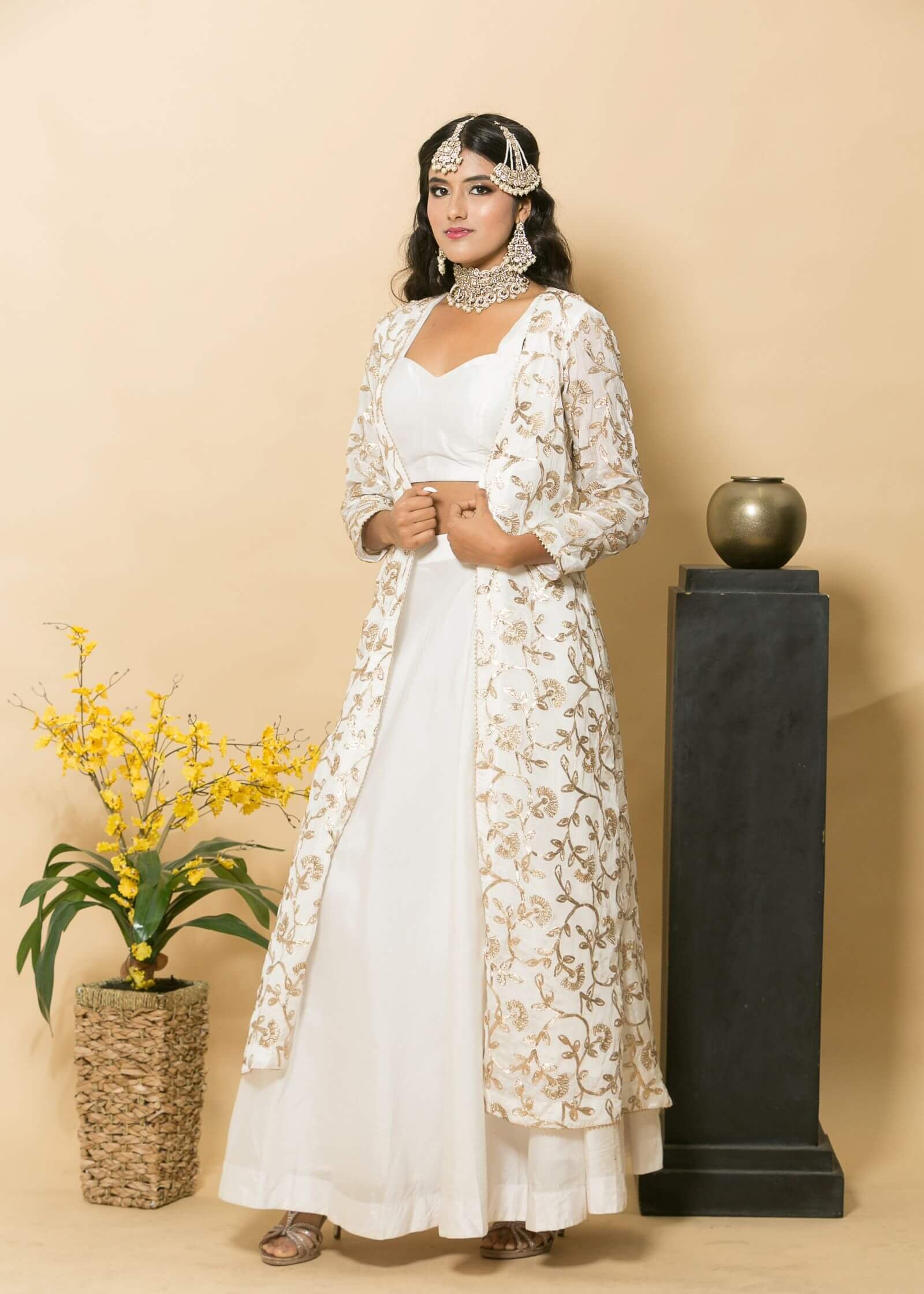 White Designer Dress with Golden Embroidered Jacket - Anvi Couture