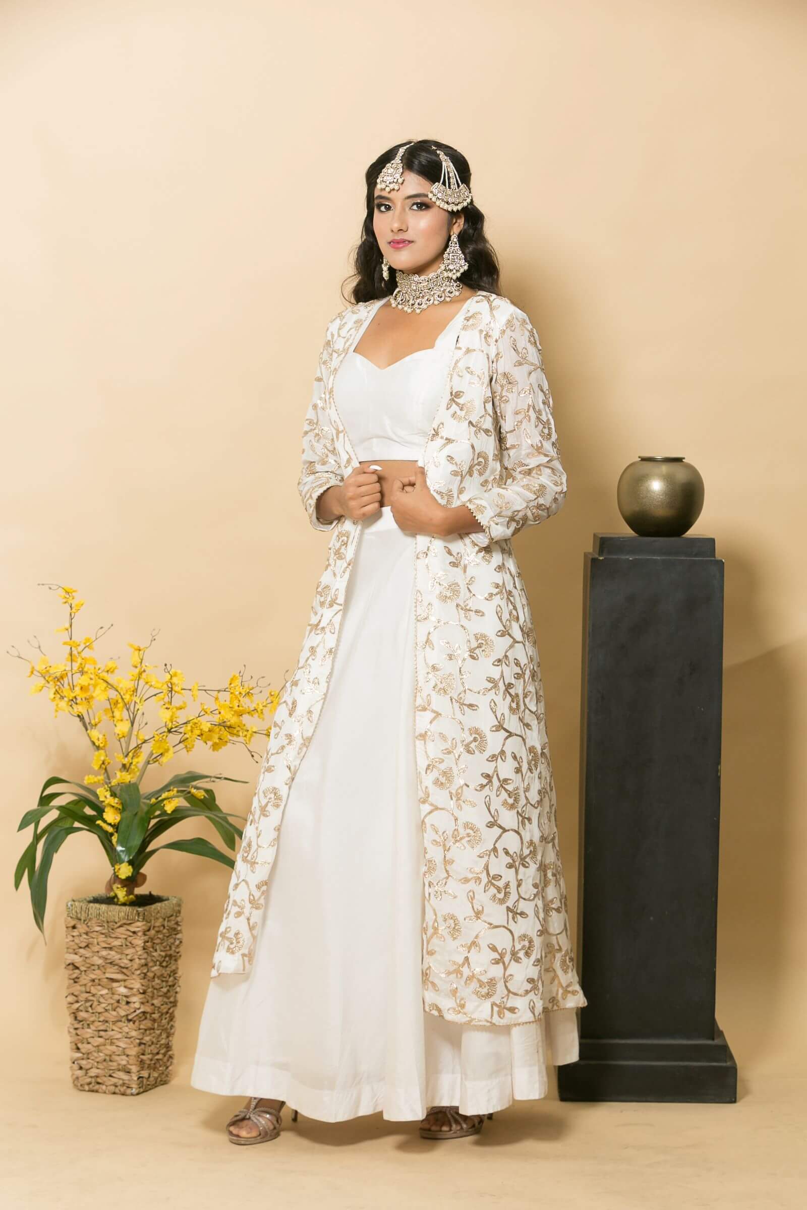 White Designer Dress with Golden Embroidered Jacket - Anvi Couture