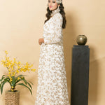 White Designer Dress with Golden Embroidered Jacket - Anvi Couture