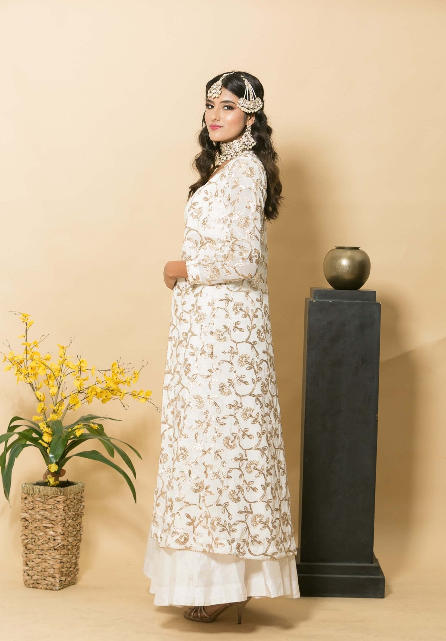 White Designer Dress with Golden Embroidered Jacket - Anvi Couture