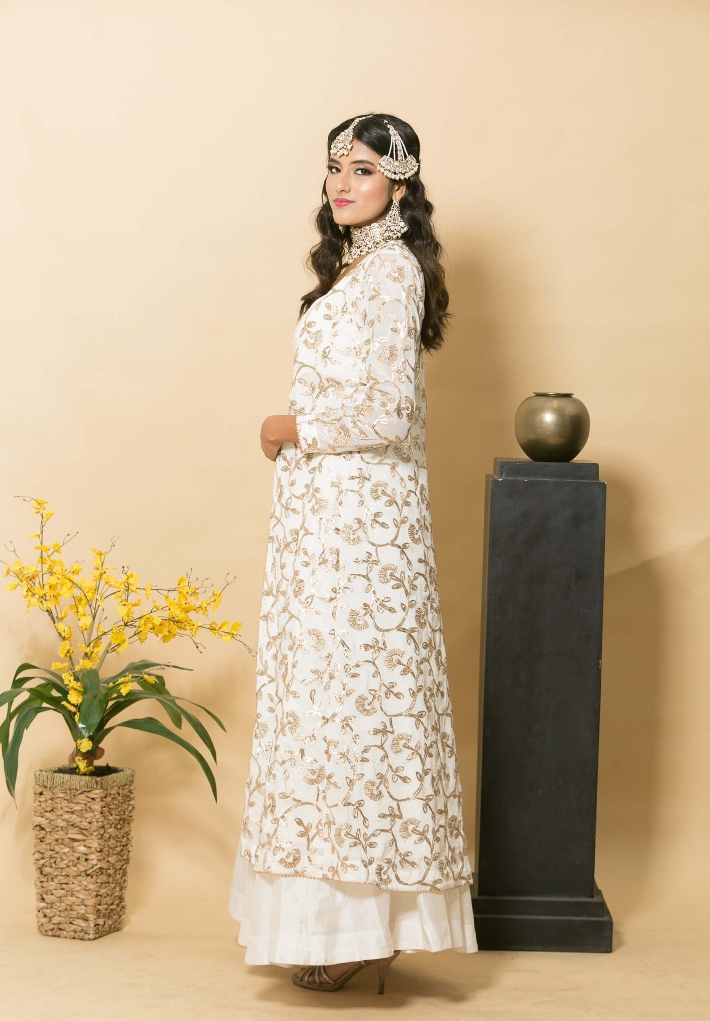 White Designer Dress With Golden Embroidered Jacket M White Designer Dress With Golden Embroidered Jacket M