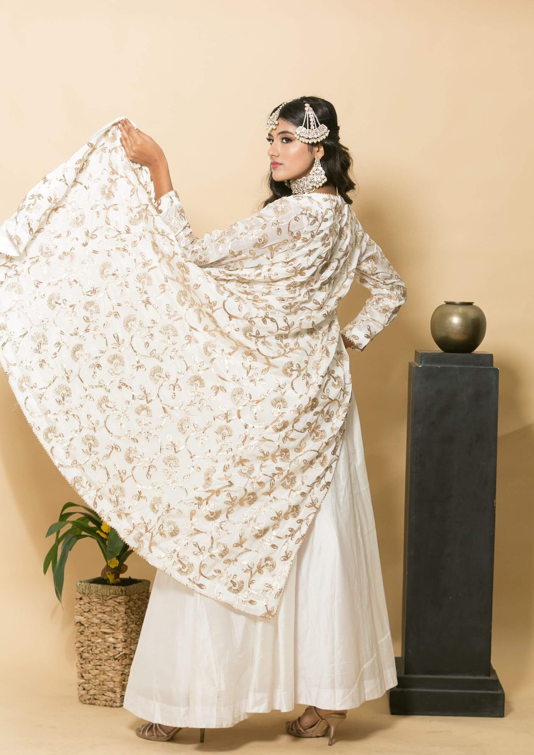 White Designer Dress with Golden Embroidered Jacket - Anvi Couture