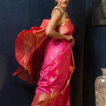 Pink Silk Saree Embellished With Golden Floral Embroidery - Anvi Couture