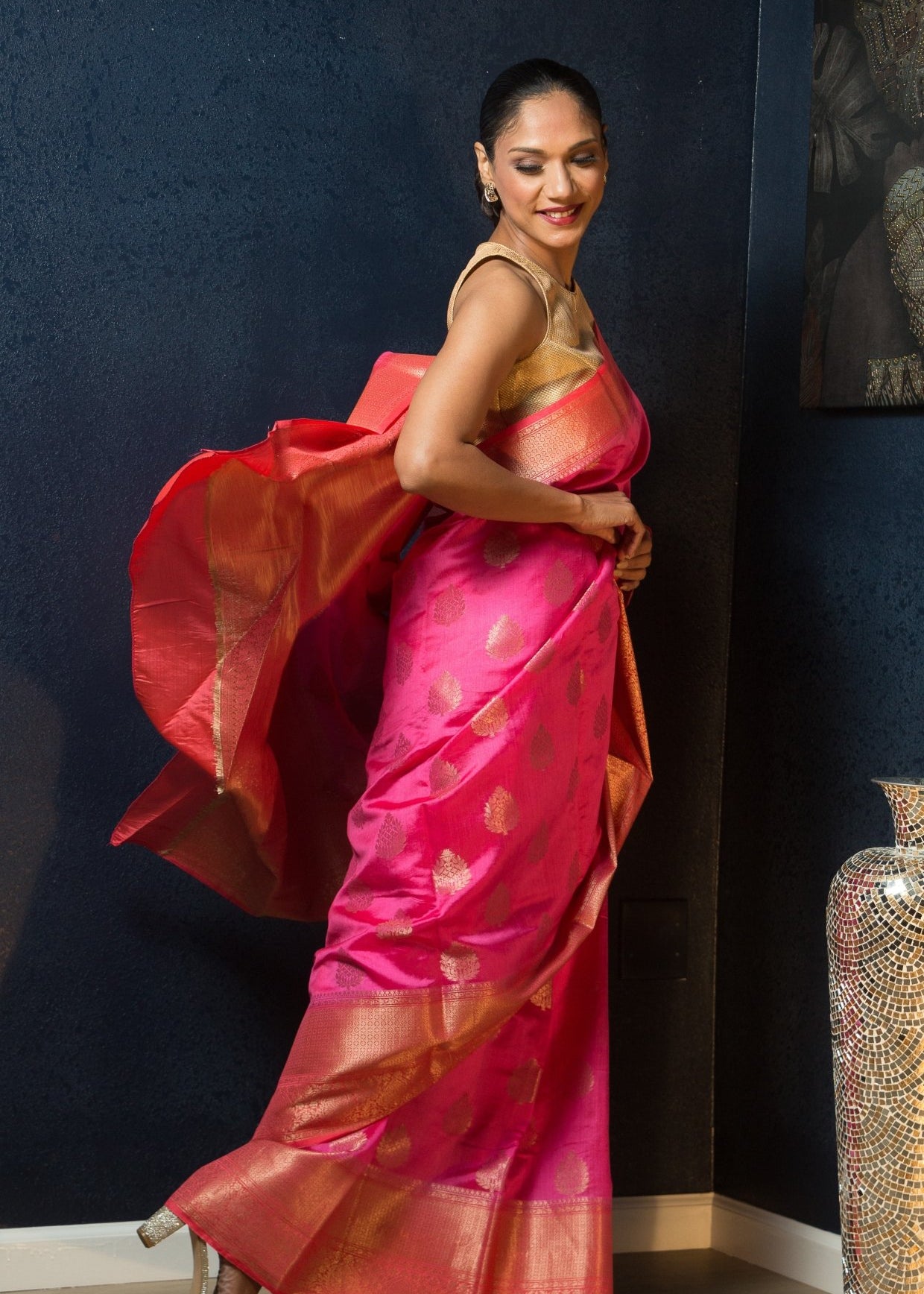 Pink Silk Saree Embellished With Golden Floral Embroidery - Anvi Couture