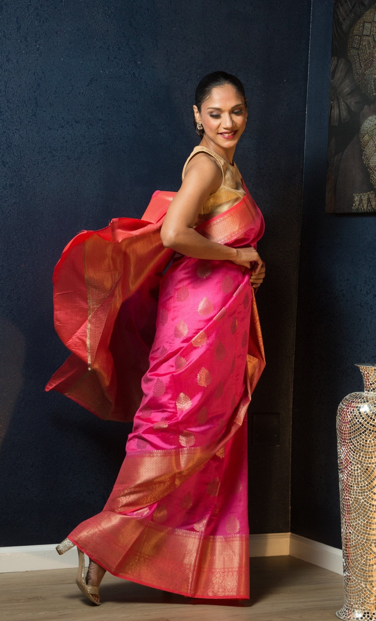 Pink Silk Saree Embellished With Golden Floral Embroidery - Anvi Couture