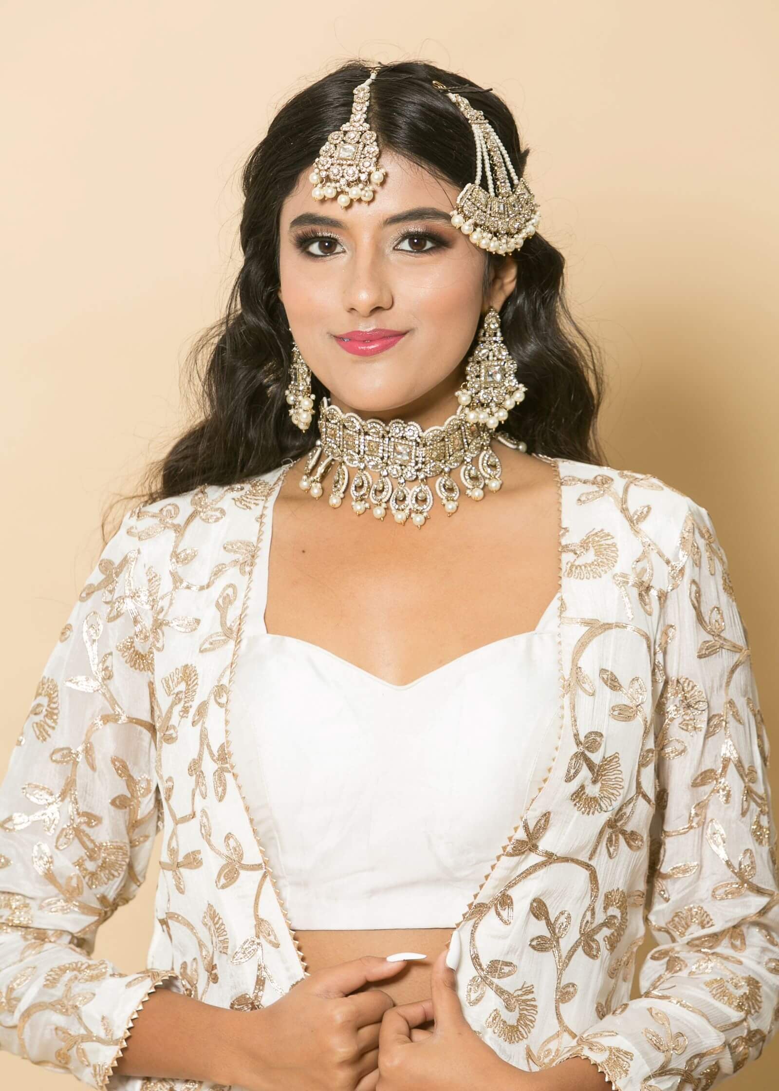 White Designer Dress with Golden Embroidered Jacket - Anvi Couture