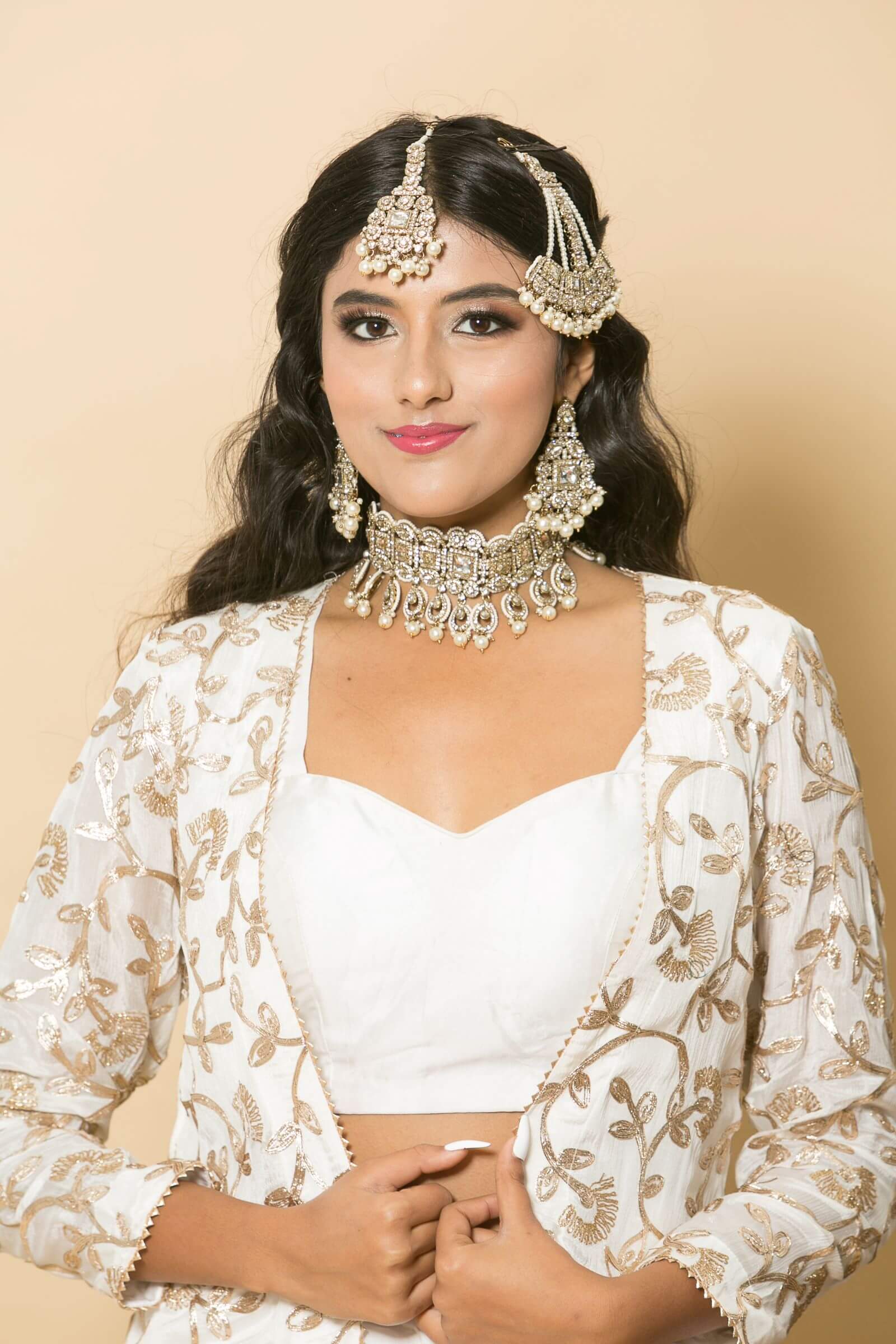 White Designer Dress with Golden Embroidered Jacket M White Designer Dress with Golden Embroidered Jacket M