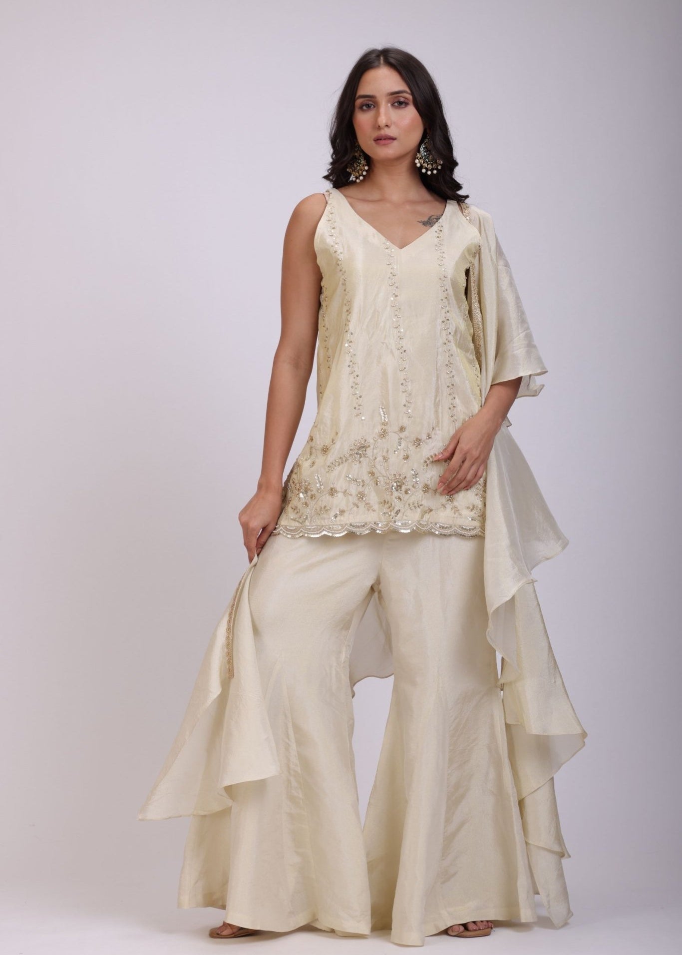 Off White Embroidered Sharara Set With Dupatta - Anvi Couture