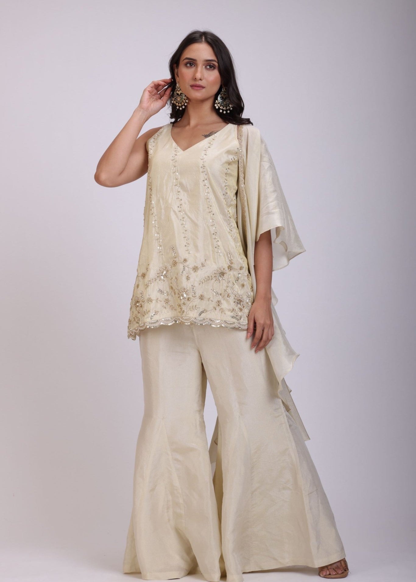 Off White Embroidered Sharara Set With Dupatta - Anvi Couture