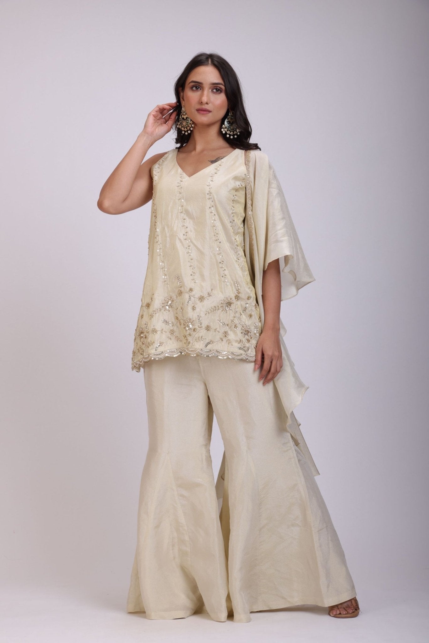 Off White Embroidered Sharara Set With Dupatta - Anvi Couture