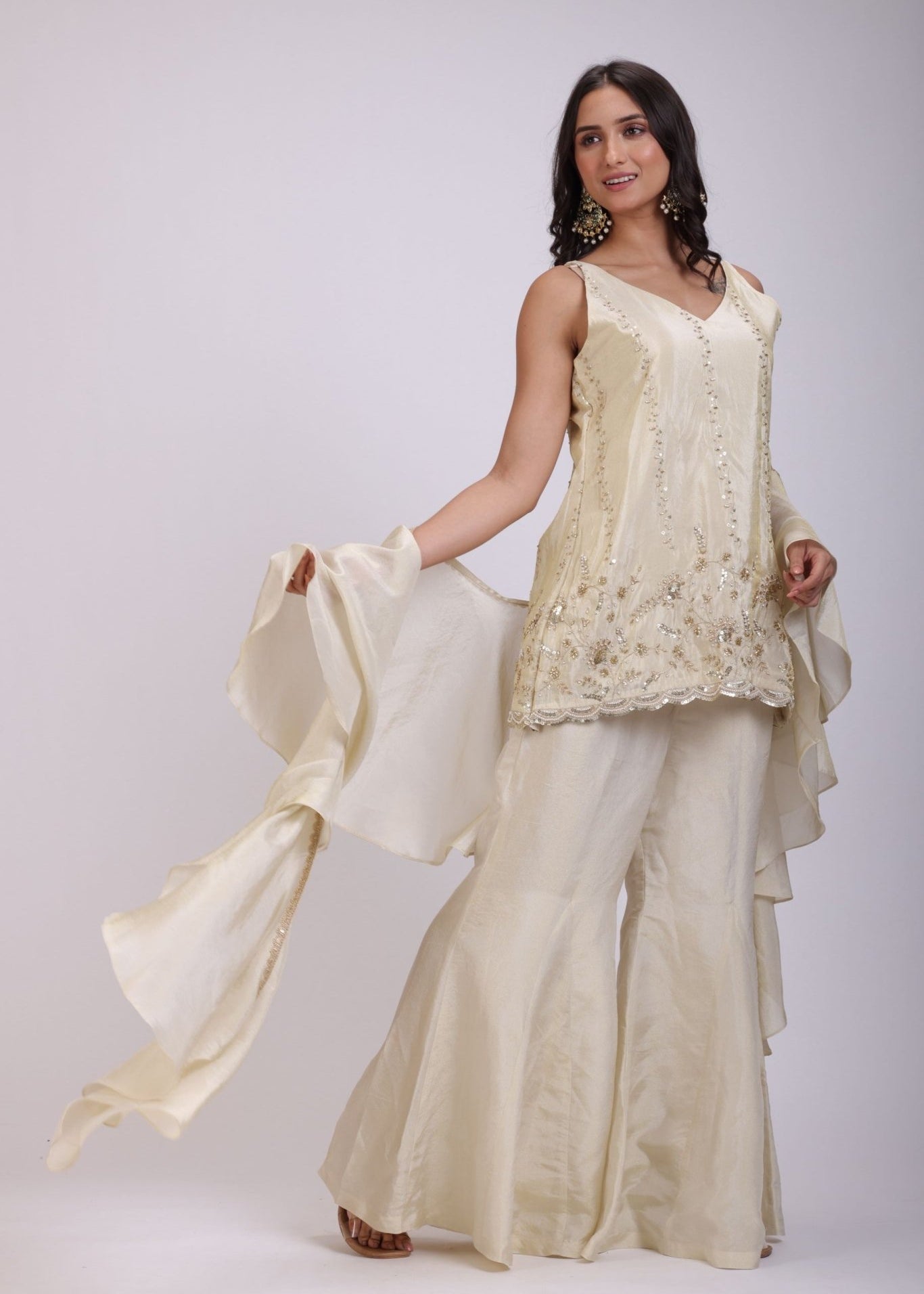 Off White Embroidered Sharara Set With Dupatta - Anvi Couture