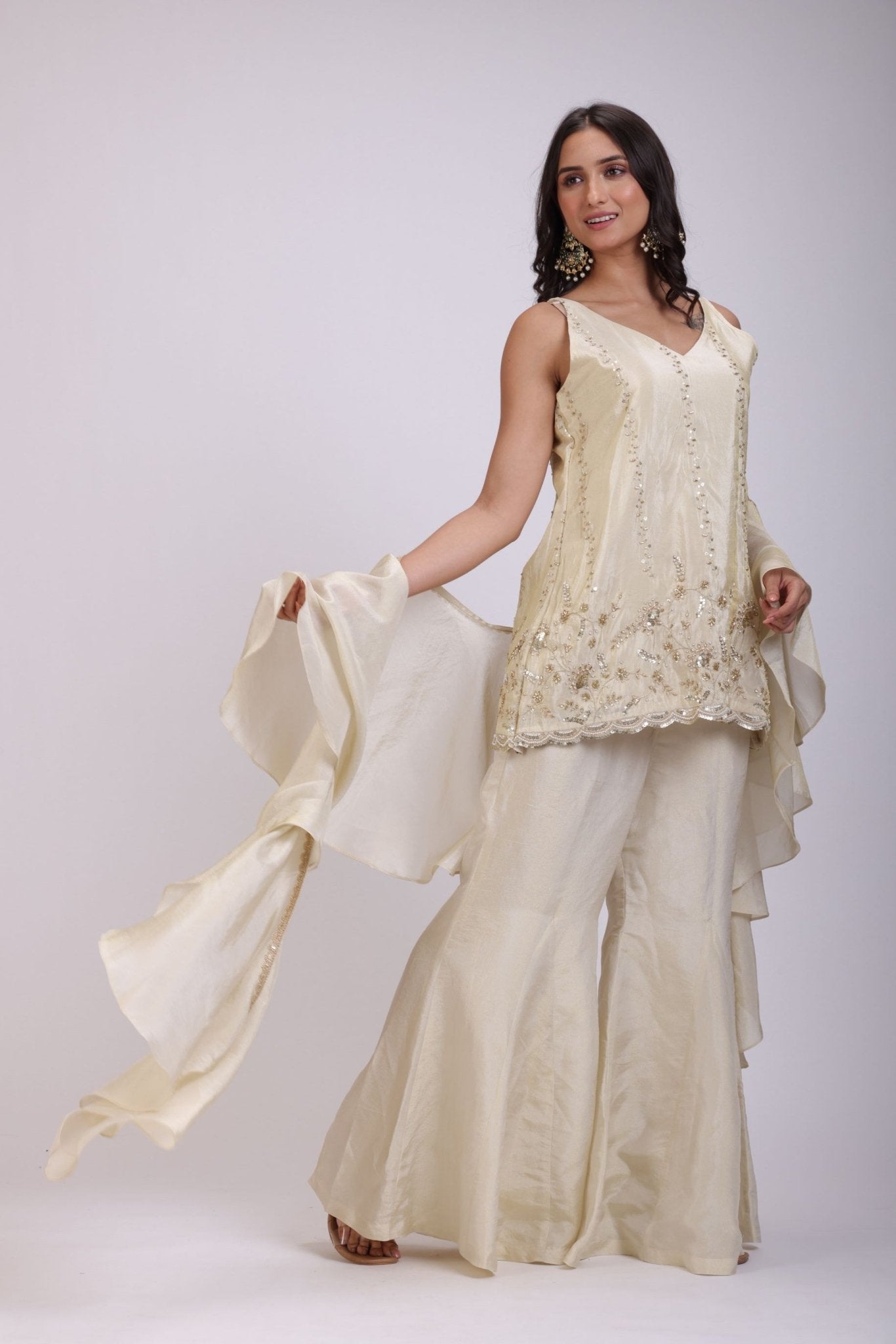 Off White Embroidered Sharara Set With Dupatta - Anvi Couture