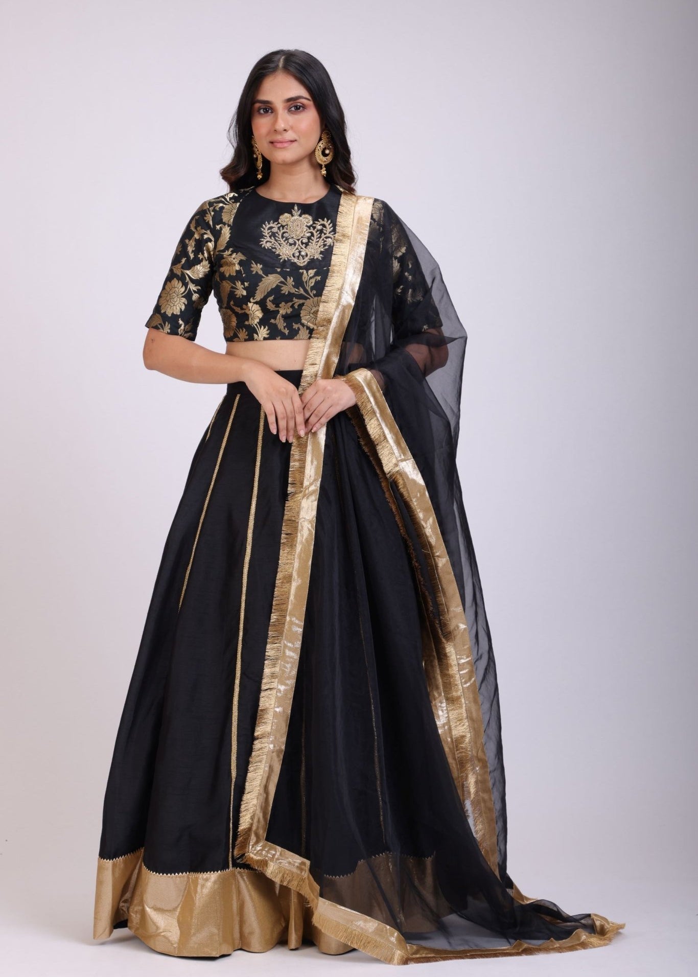 Black Silk Lehenga Set Brocade Hand Embroidered Top - Anvi Couture