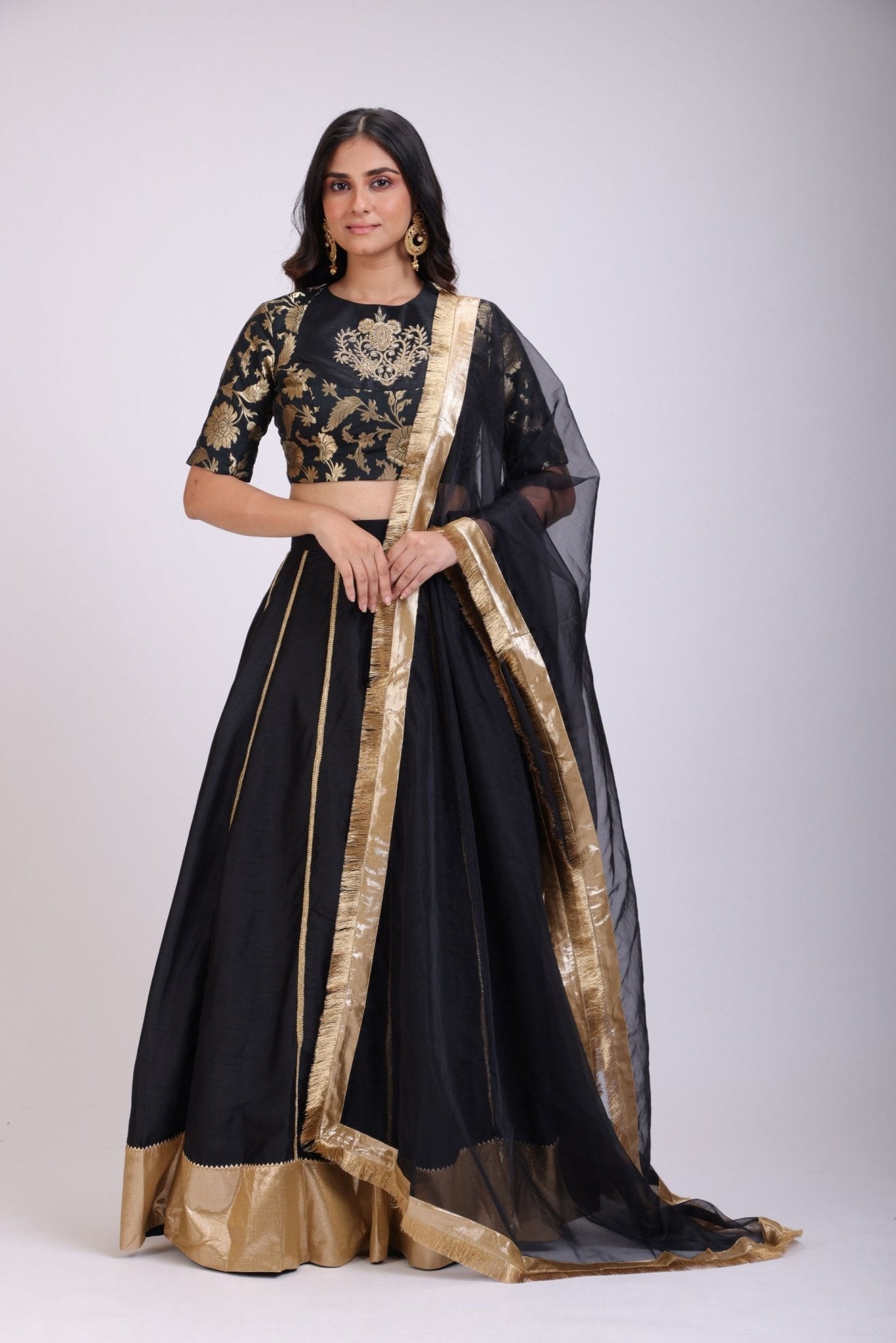 Black Silk Lehenga Set Brocade Hand Embroidered Top - Anvi Couture