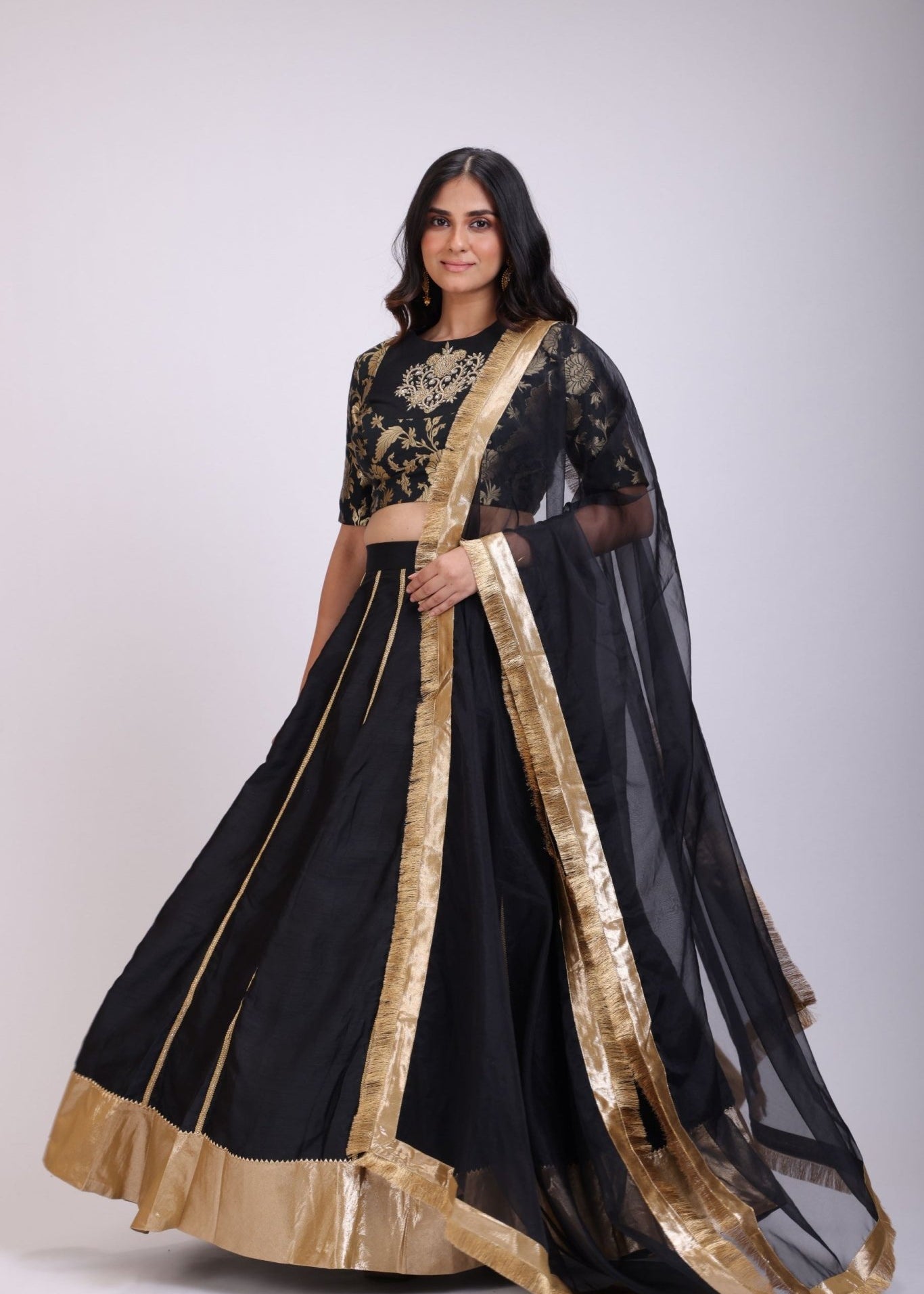 Black Silk Lehenga Set Brocade Hand Embroidered Top - Anvi Couture