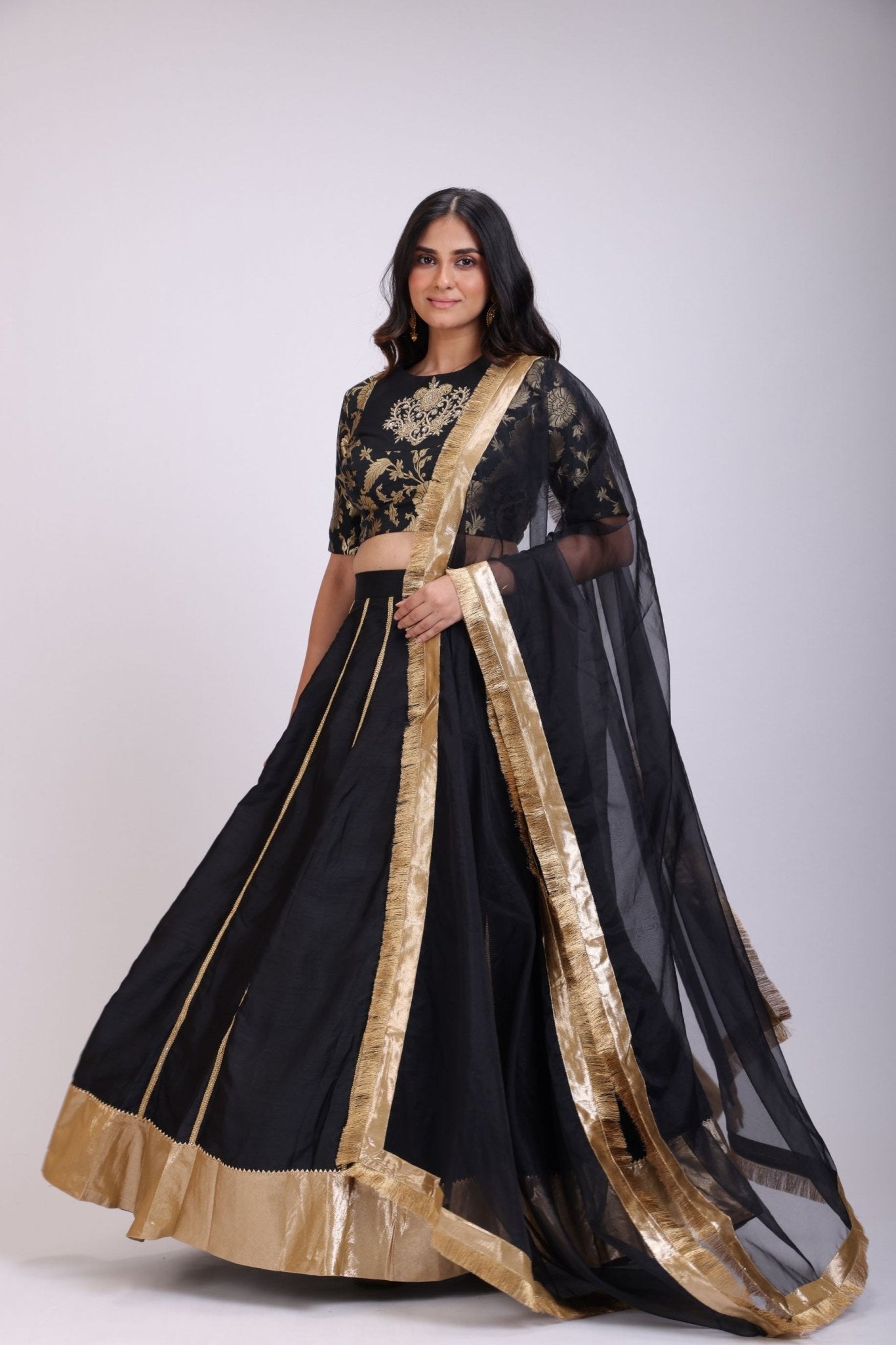 Black Silk Lehenga Set Brocade Hand Embroidered Top - Anvi Couture