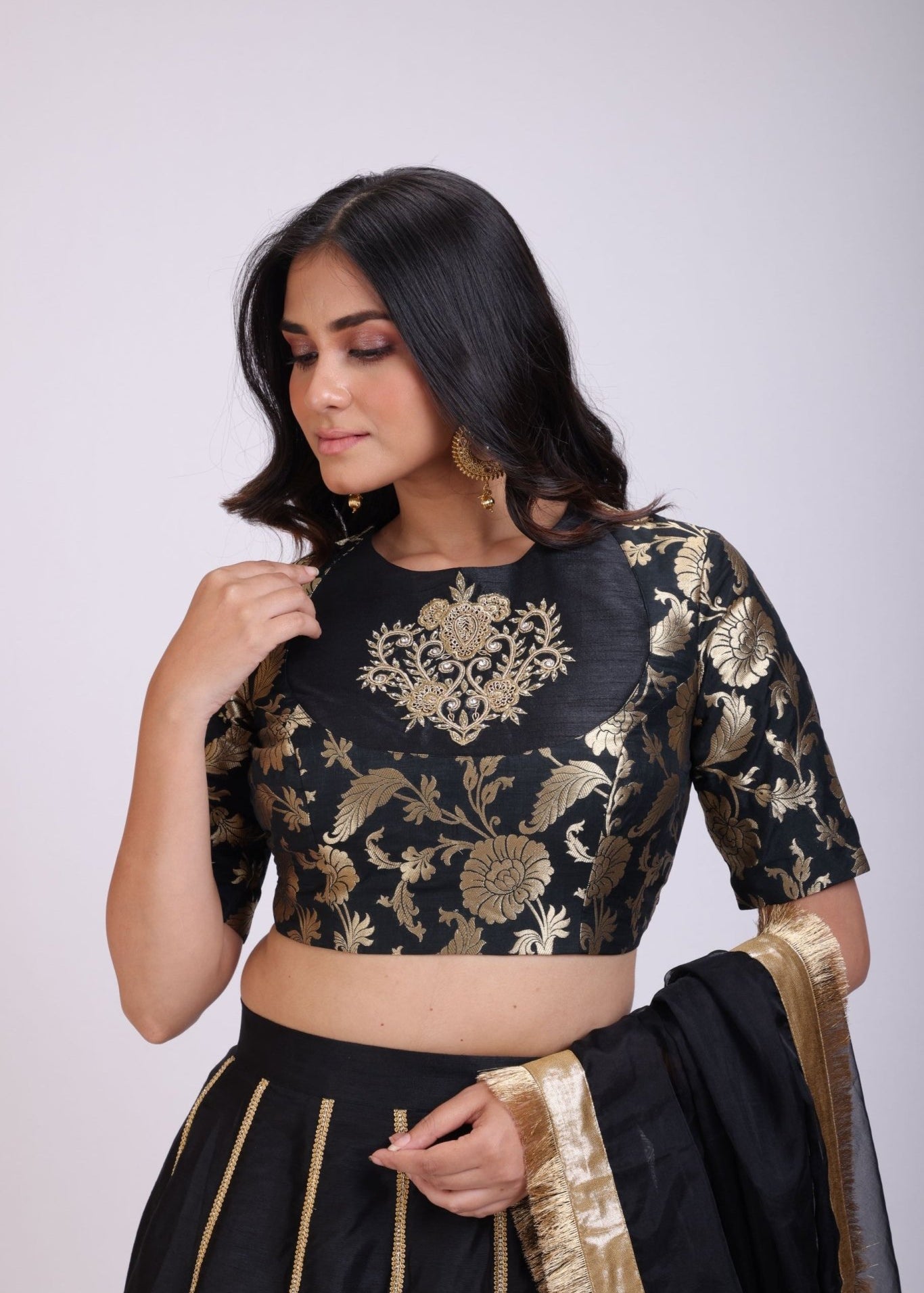 Black Silk Lehenga Set Brocade Hand Embroidered Top - Anvi Couture