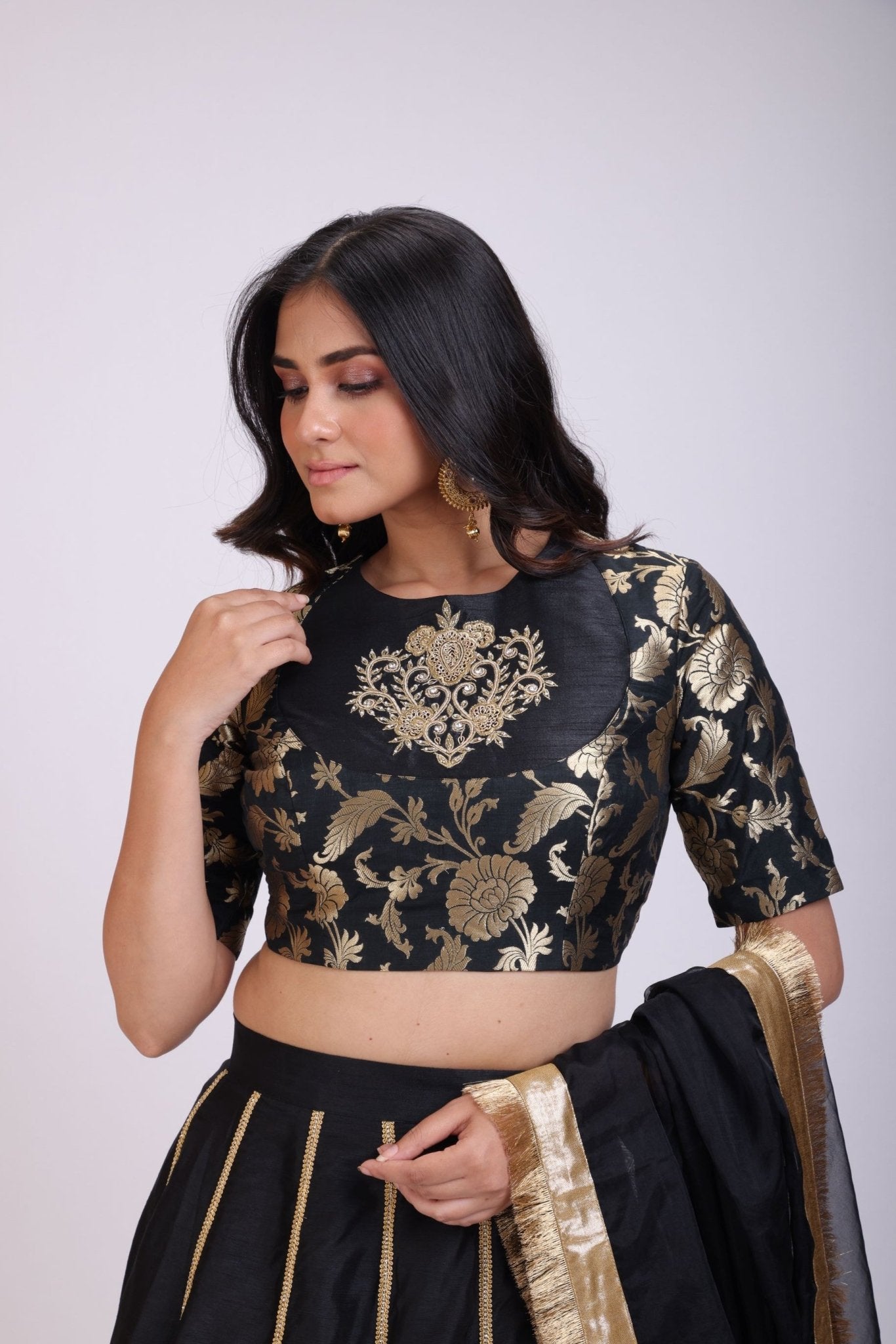Black Silk Lehenga Set Brocade Hand Embroidered Top - Anvi Couture