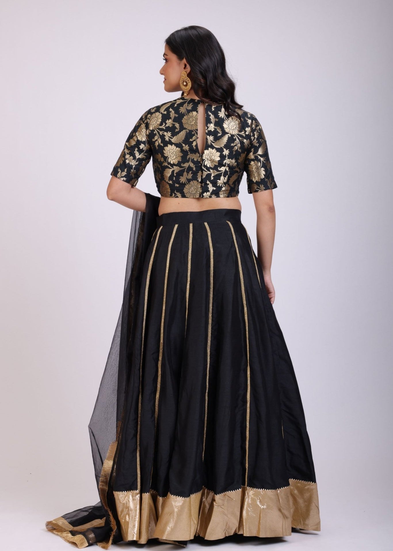 Black Silk Lehenga Set Brocade Hand Embroidered Top - Anvi Couture