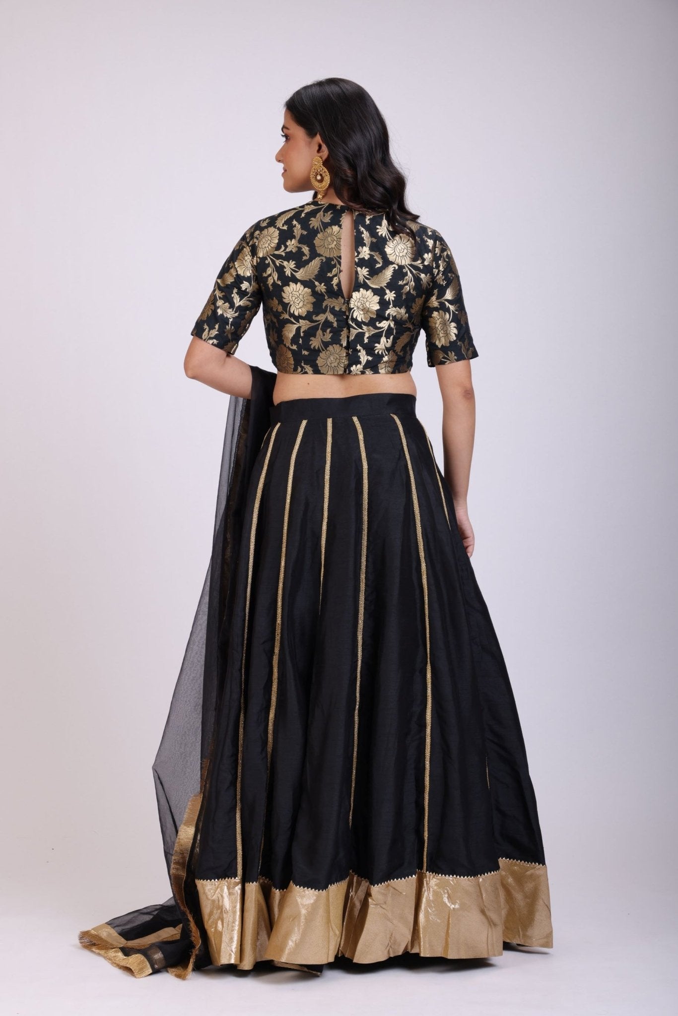 Black Silk Lehenga Set Brocade Hand Embroidered Top - Anvi Couture
