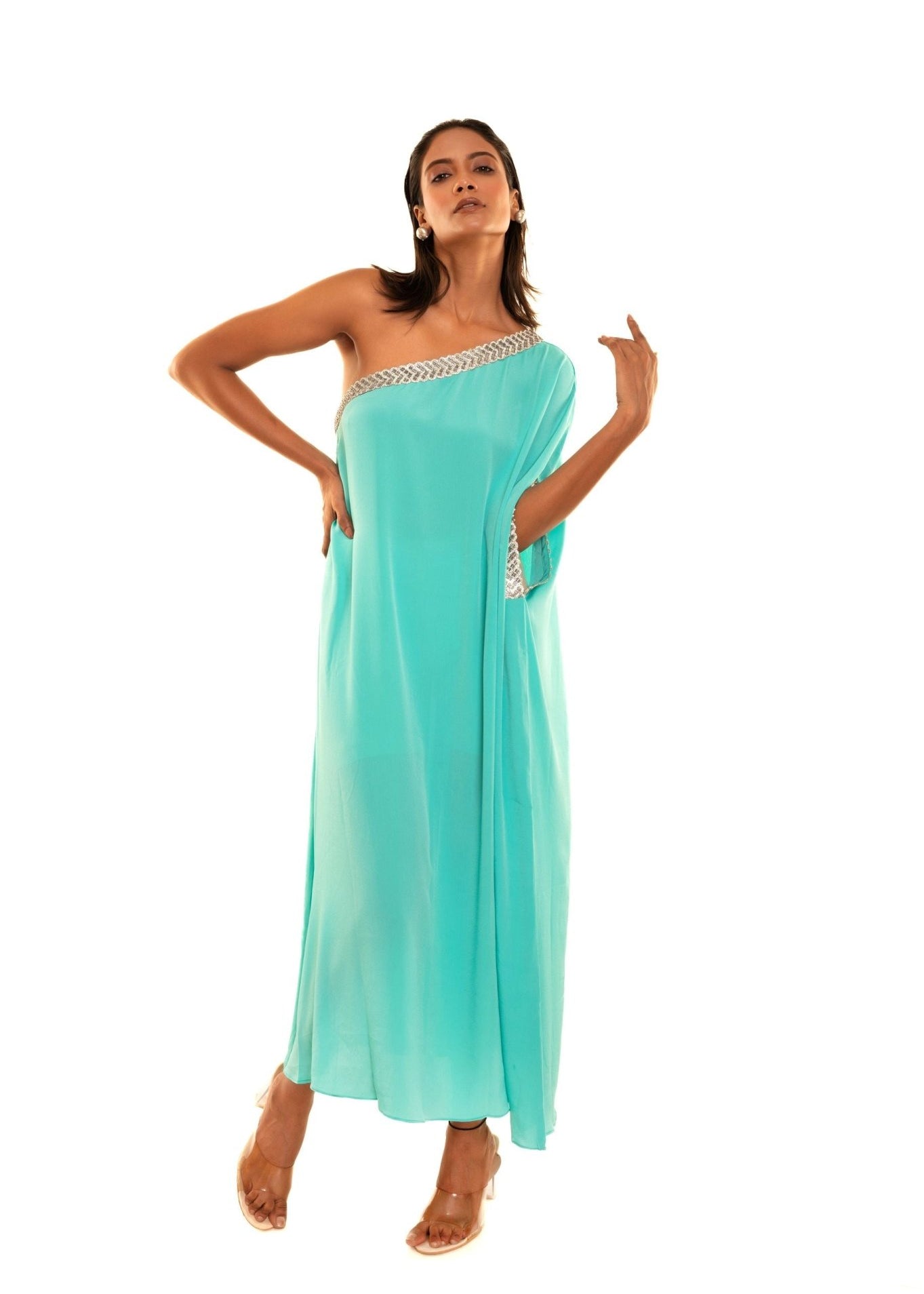 Aqua Blue One Shoulder Kaftan Dress - Anvi Couture