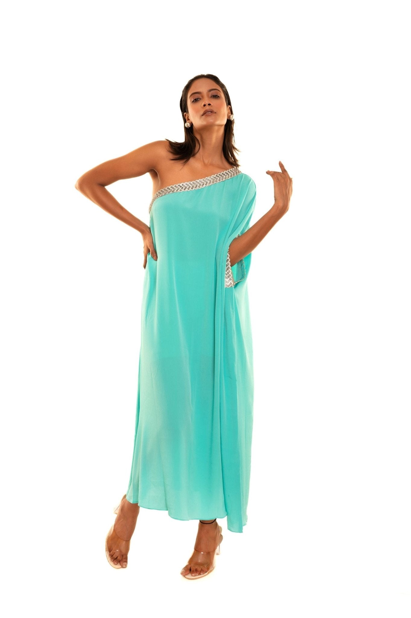 Aqua Blue One Shoulder Kaftan Dress - Anvi Couture