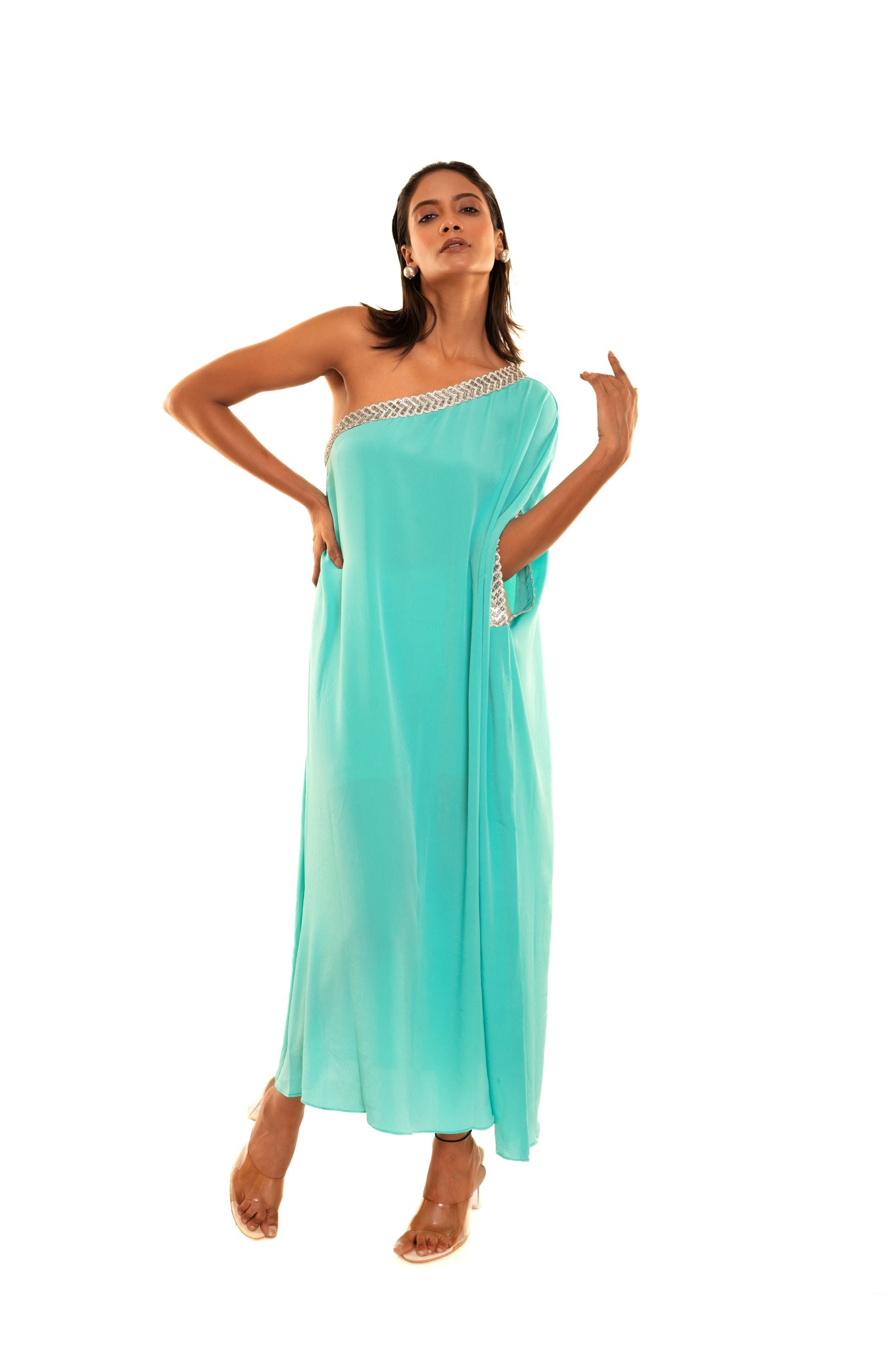 Aqua Blue One Shoulder Kaftan Dress Full
