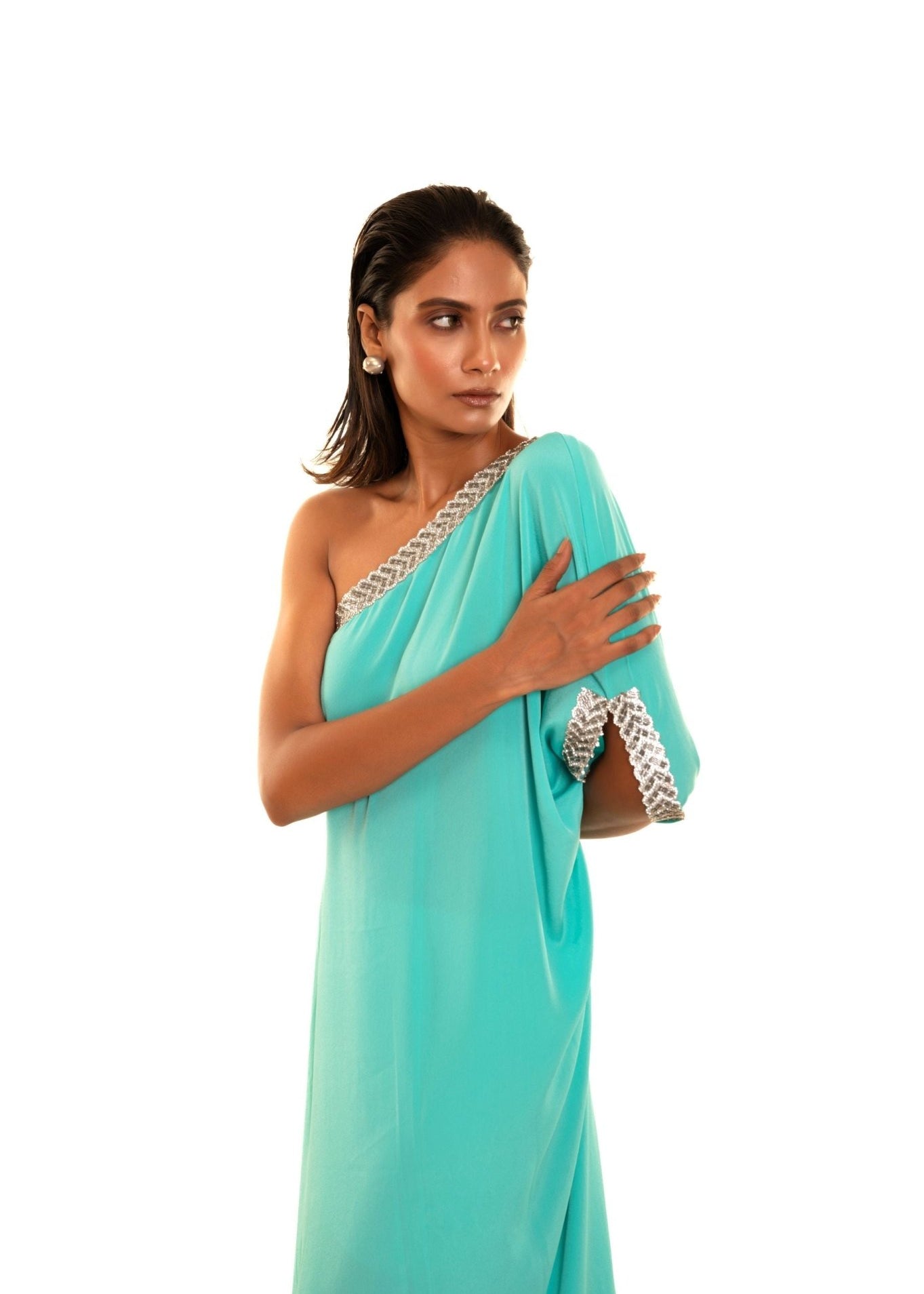 Aqua Blue One Shoulder Kaftan Dress - Anvi Couture