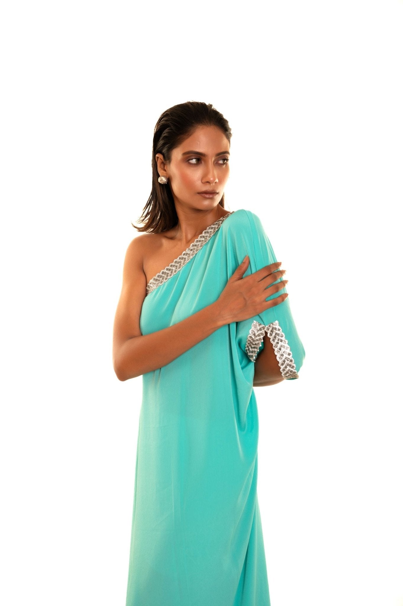 Aqua Blue One Shoulder Kaftan Dress - Anvi Couture