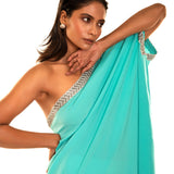 Aqua Blue One Shoulder Kaftan Dress Close Up