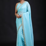 Aqua Blue Pure Silk Organza Saree with Sequin Border full