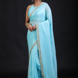 Aqua Blue Pure Silk Organza Saree with Sequin Border full