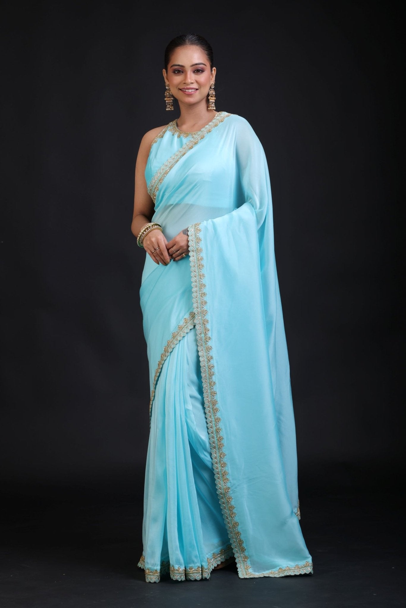 Aqua Blue Pure Silk Organza Saree with Sequin Border - Anvi Couture