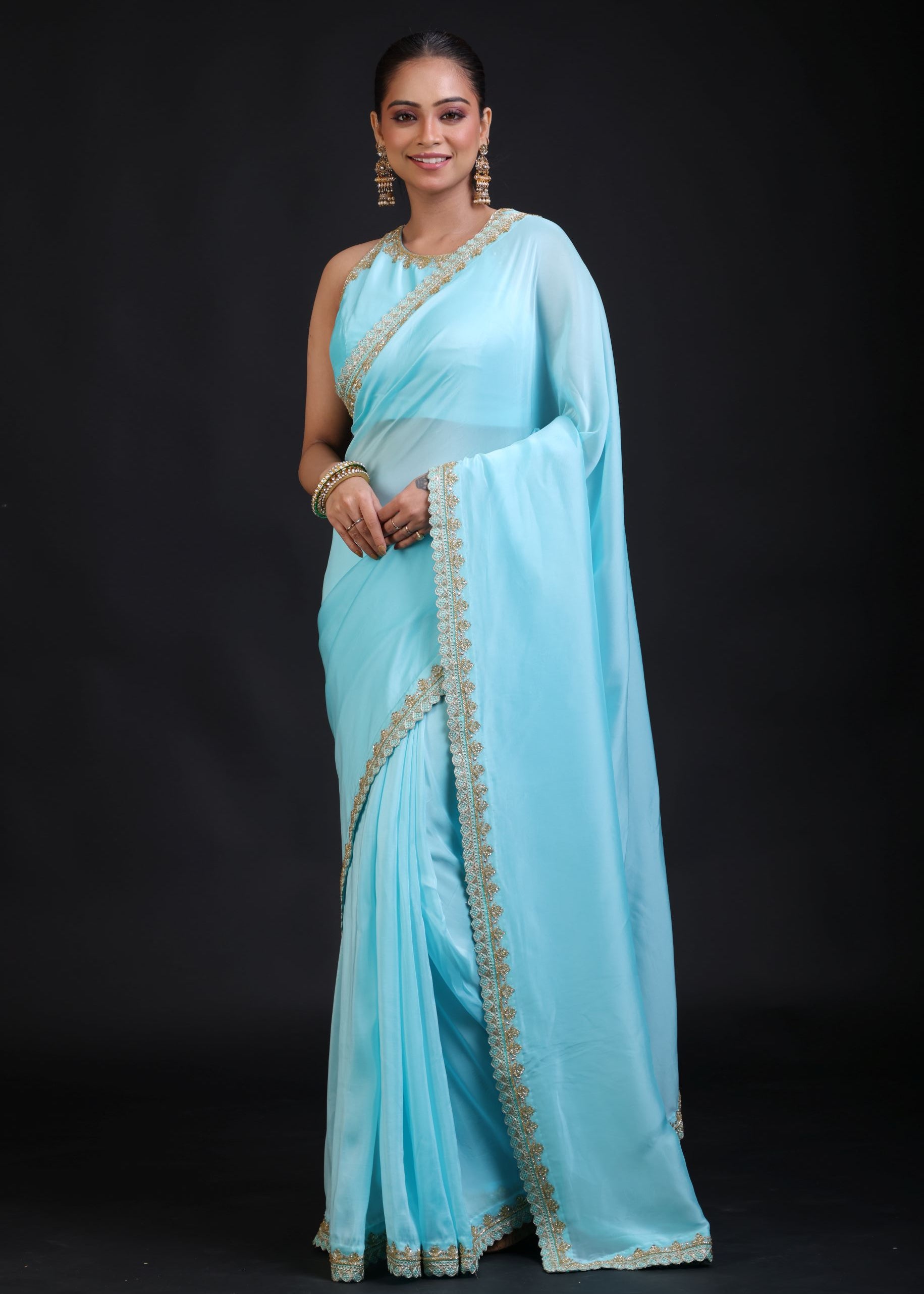 Aqua Blue Pure Silk Organza Saree with Sequin Border full
