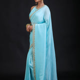 Aqua Blue Pure Silk Organza Saree with Sequin Border front