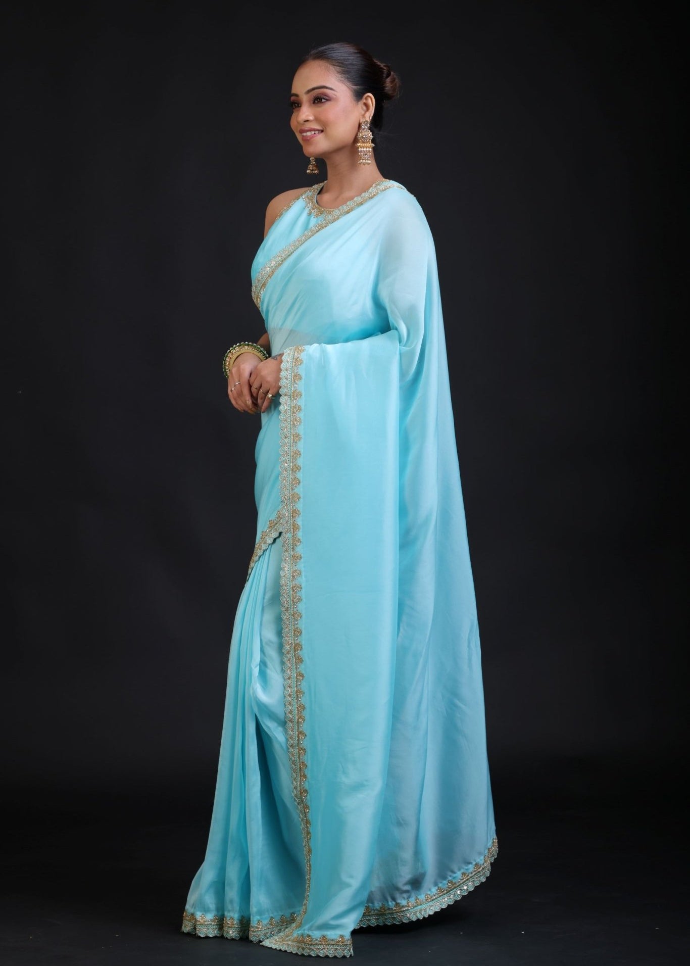 Aqua Blue Pure Silk Organza Saree with Sequin Border - Anvi Couture