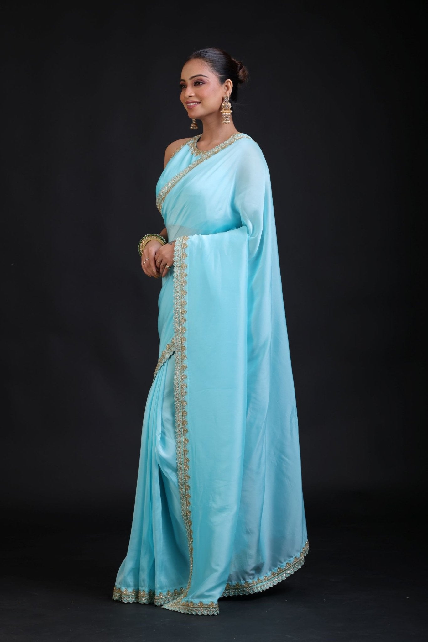 Aqua Blue Pure Silk Organza Saree with Sequin Border - Anvi Couture