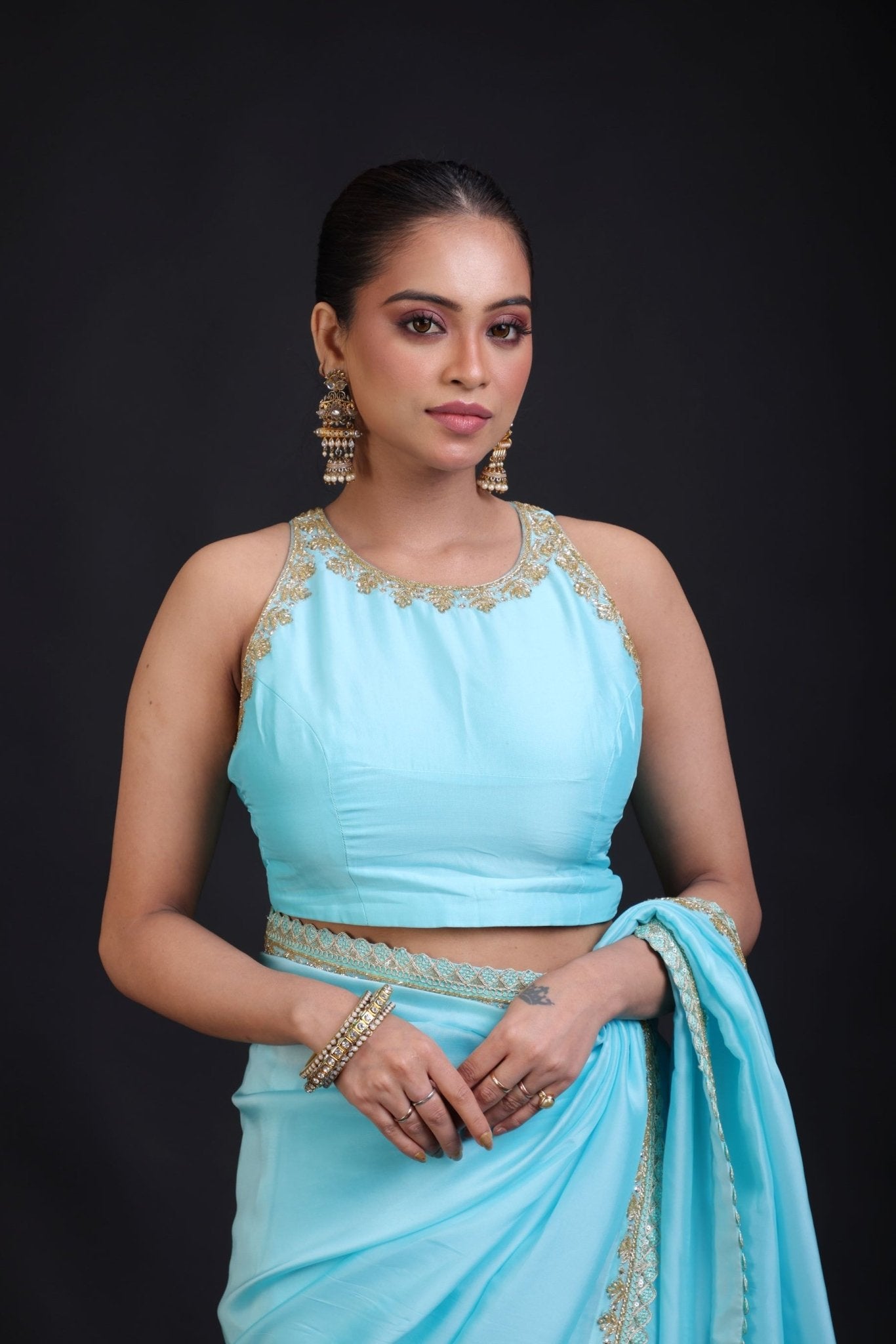 Aqua Blue Pure Silk Organza Saree with Sequin Border - Anvi Couture