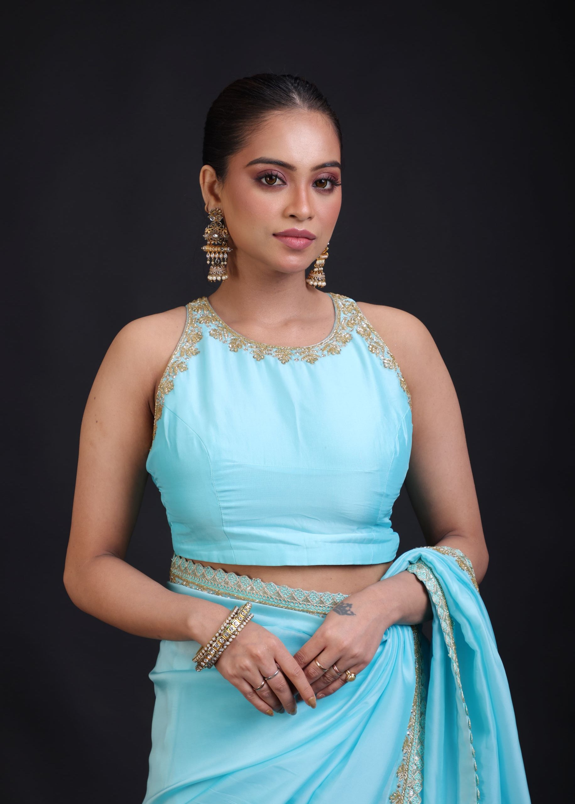 Aqua Blue Pure Silk Organza Saree with Sequin Border close up