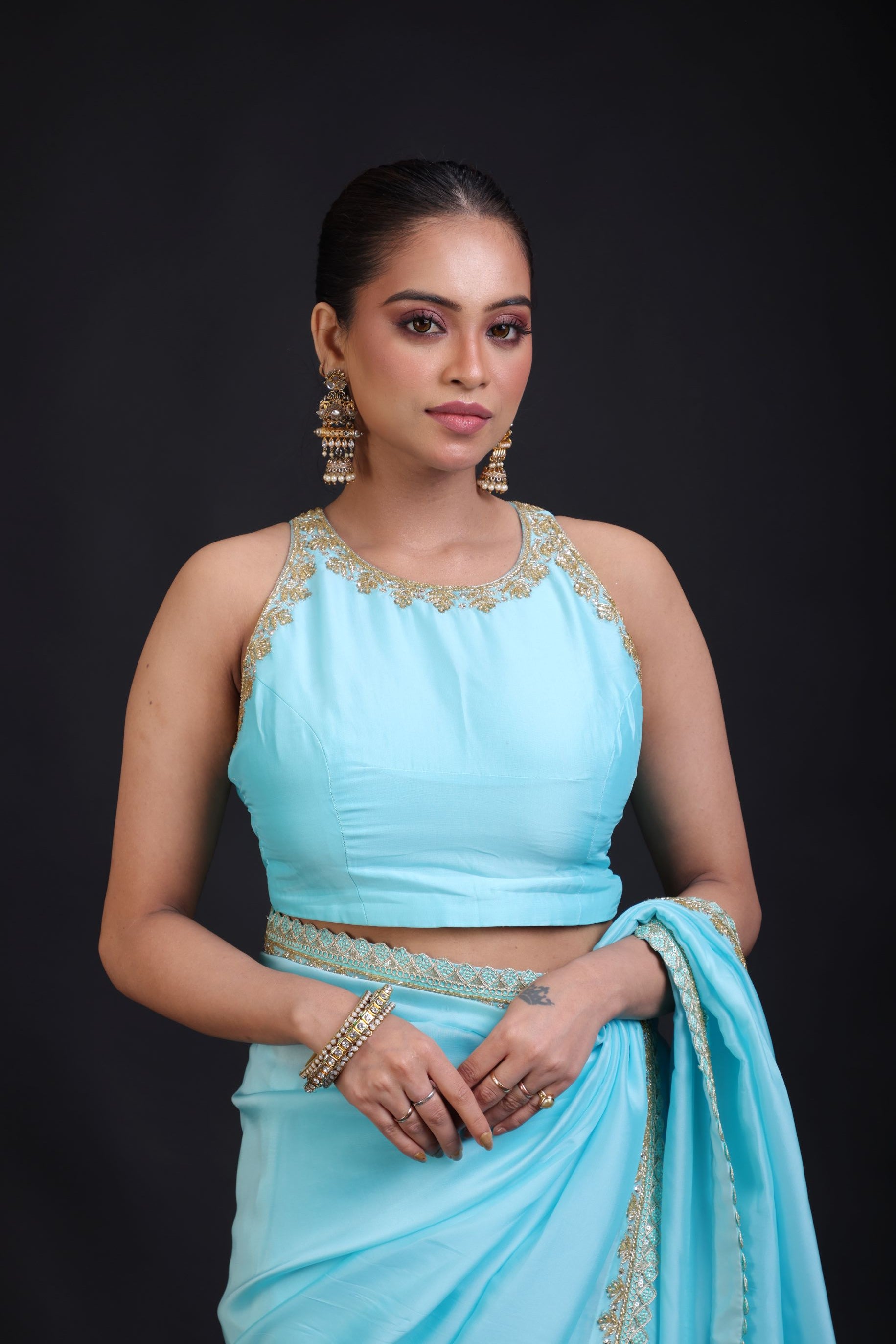 Aqua Blue Pure Silk Organza Saree with Sequin Border close up
