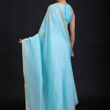 Aqua Blue Pure Silk Organza Saree with Sequin Border back